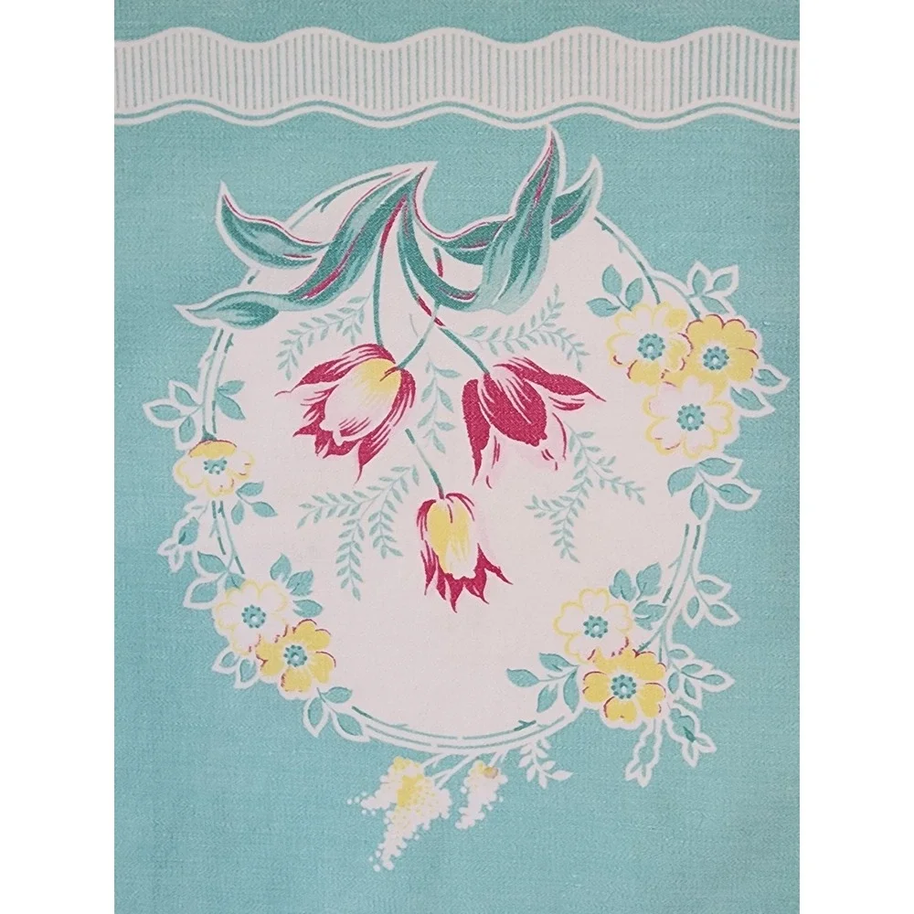Vintage Aqua Teal Floral Tulip Table Runner Scalloped Border Retro MCM 28x13